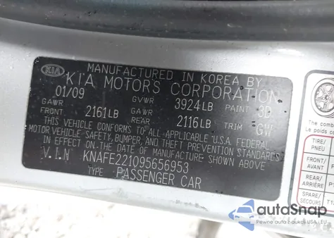 2009 Kia Spectra Ex z USA, uszkodzony, nr VIN KNAFE221095656953